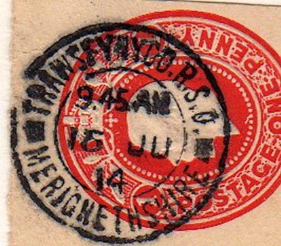 Postmark of Trawsfyndd.R.S.O. Merionethshire double-ring handstamp with bars 1914